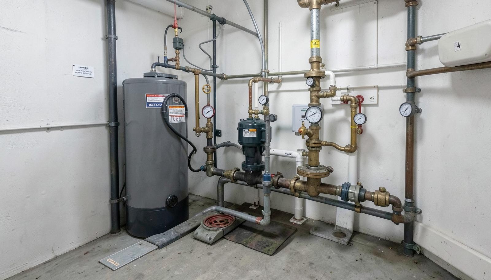Casa de bombas de condomínio com conjunto de bombas, registros, manômetros e tubulação de recalque identificada
