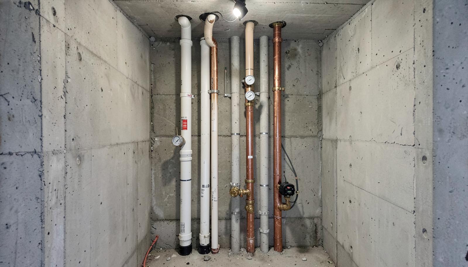 Shaft técnico de condomínio com prumadas hidráulicas novas, registros e manômetros instalados em coluna vertical