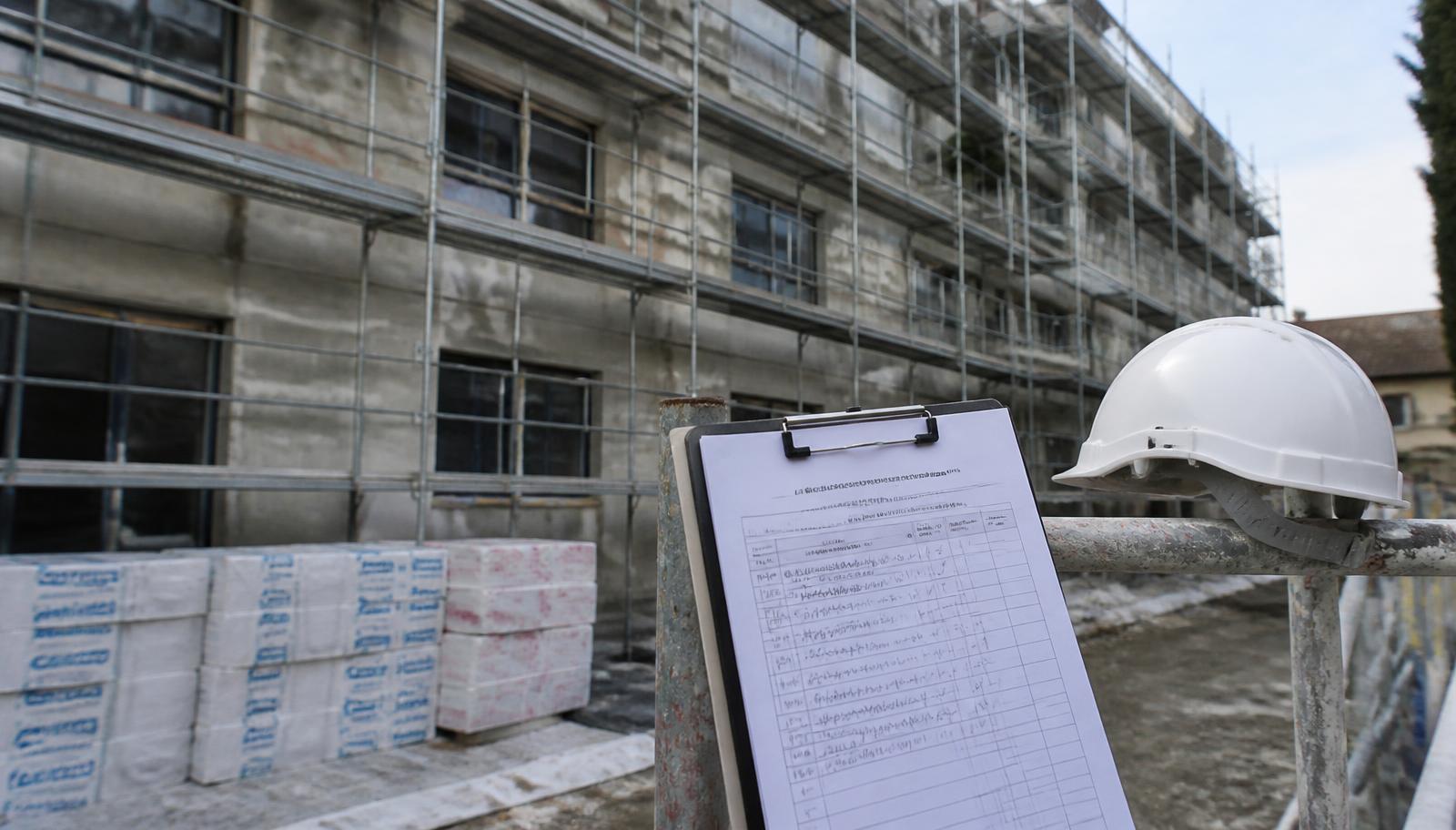 Obra de recuperação de fachada de prédio com andaime montado, materiais no canteiro e prancheta de checklist de vistoria em primeiro plano