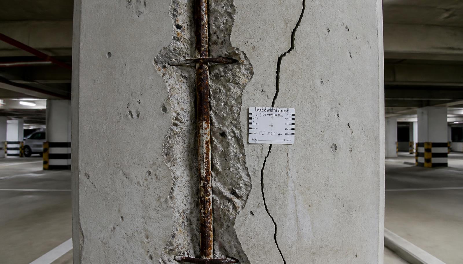 Vistoria técnica de estrutura de concreto com medição de fissura em pilar de garagem de condomínio