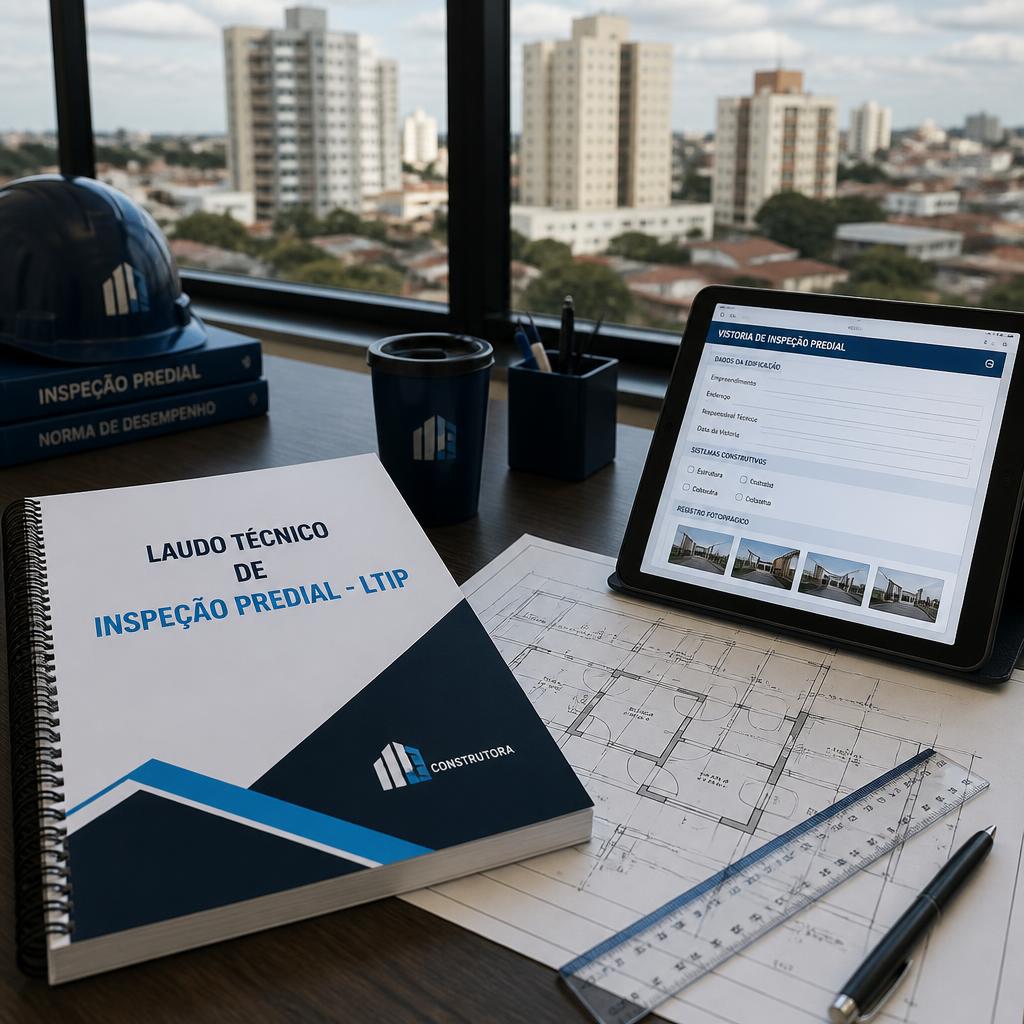 Laudo técnico de inspeção predial LTIP sobre mesa com planta baixa, tablet de vistoria e vista da cidade de Canoas ao fundo