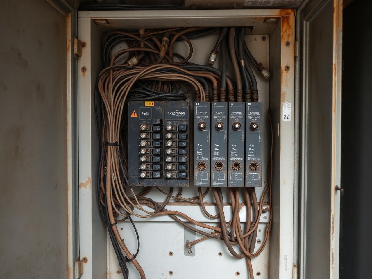 Quadro elétrico de condomínio antigo com fiação emaranhada e disjuntores oxidados