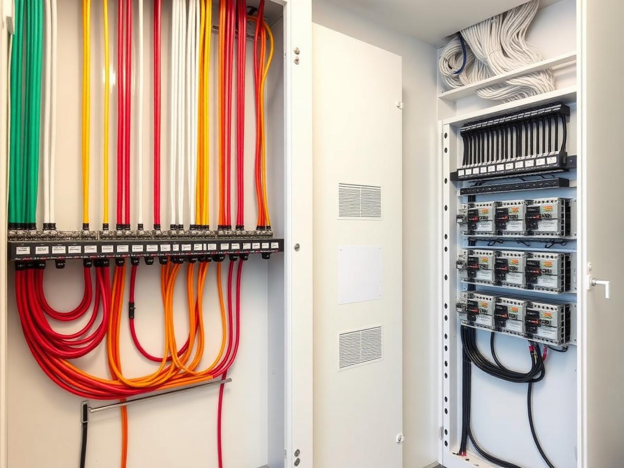 Quadro elétrico de condomínio novo com cabos organizados e disjuntores identificados
