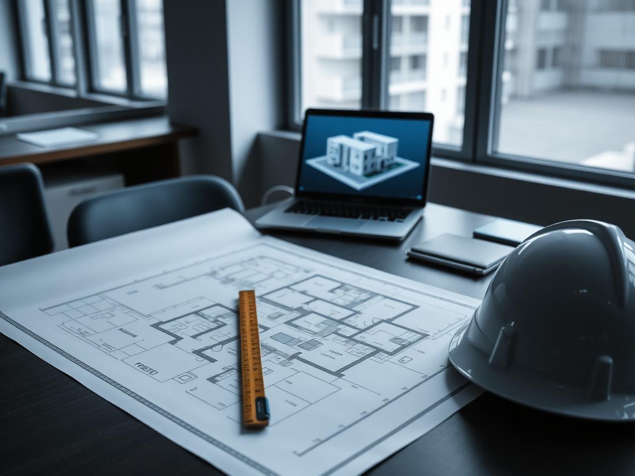 Prancha de projeto arquitetônico de edifício sobre mesa de trabalho com escalímetro, capacete e modelo tridimensional no notebook