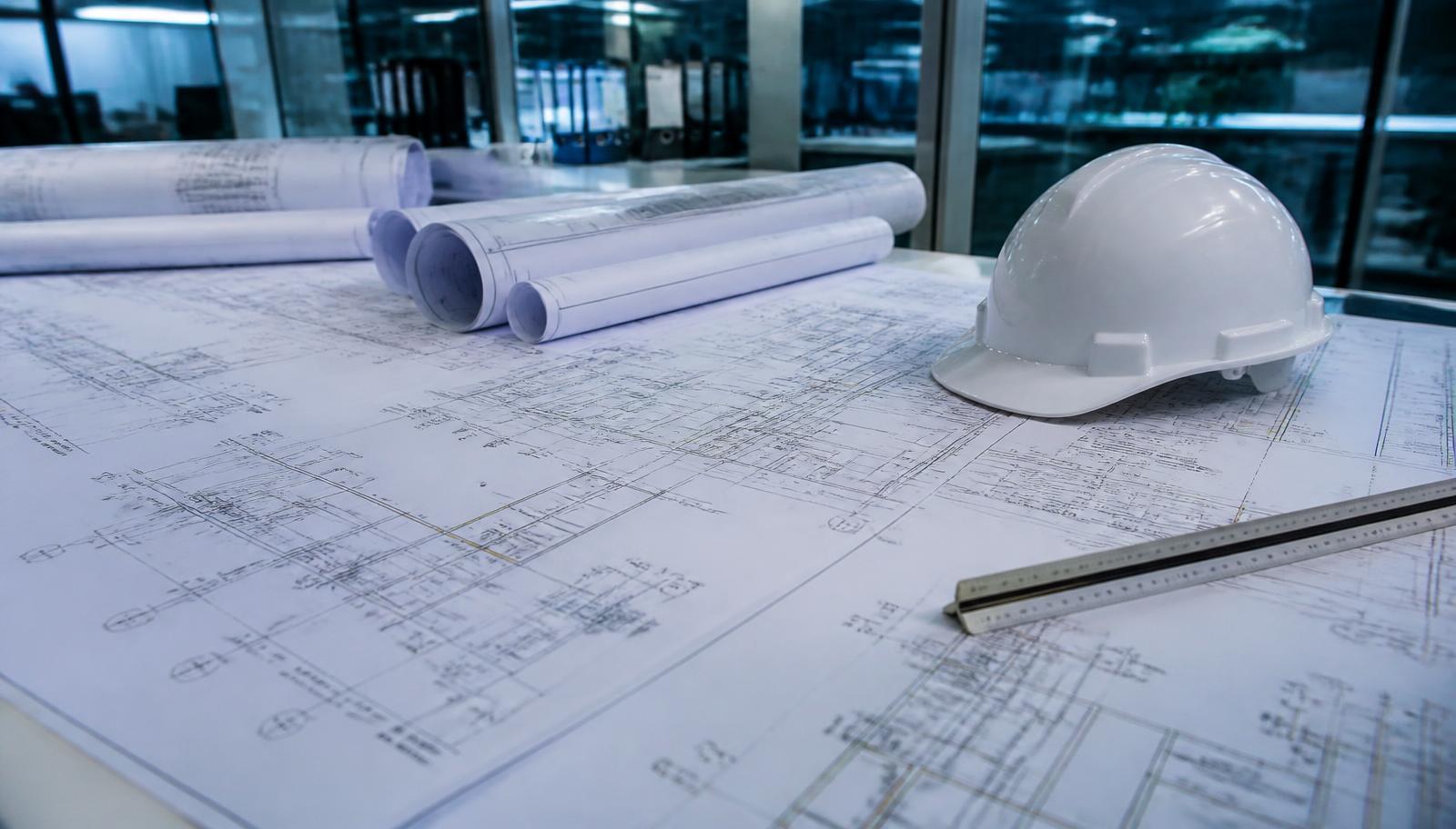 Pranchas de projeto de engenharia estrutural, elétrico e hidráulico sobre mesa de trabalho com capacete de obra